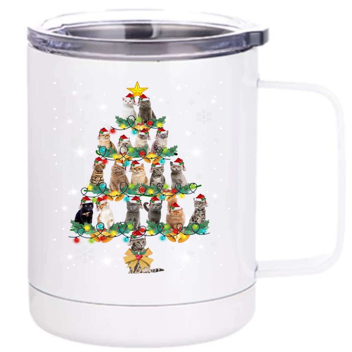 Cats Tree Santa Hat Lights Christmas Cat Lover For Girl Teen Cute Gift Front & Back 12oz Stainless Steel Tumbler Cup