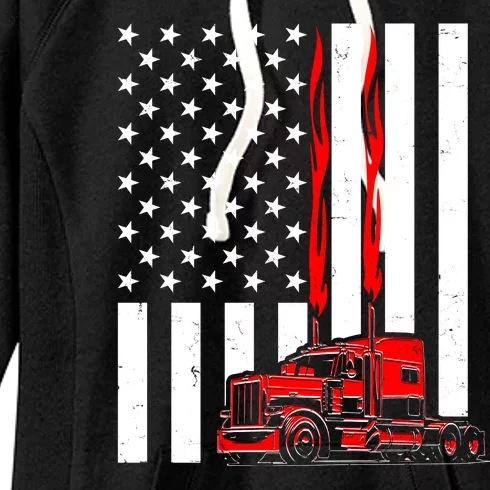 Cool Trucker Semi Truck Flames American Flag Women's Fleece Hoodie