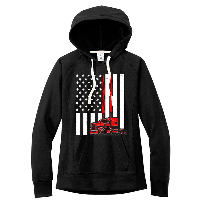 Cool Trucker Semi Truck Flames American Flag Women's Fleece Hoodie