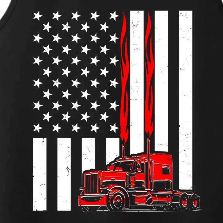 Cool Trucker Semi Truck Flames American Flag Performance Tank