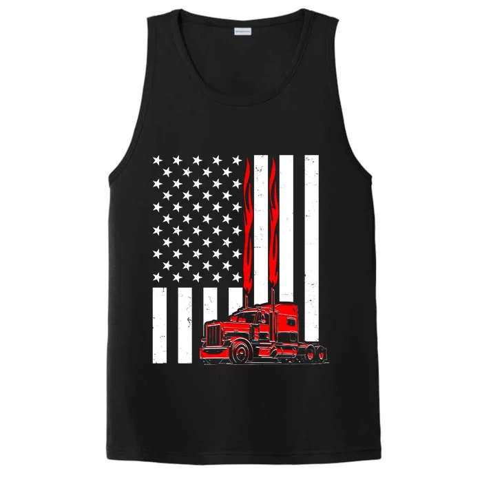 Cool Trucker Semi Truck Flames American Flag Performance Tank