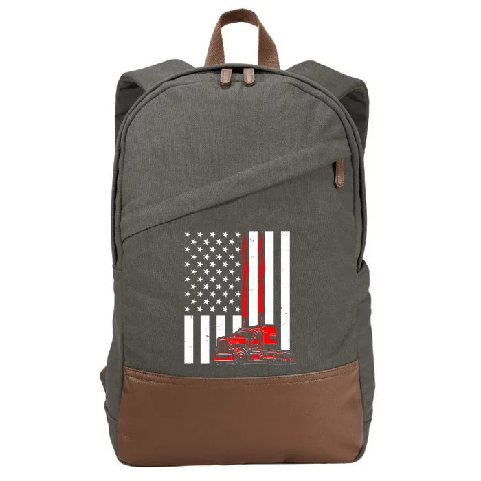 Cool Trucker Semi Truck Flames American Flag Cotton Canvas Backpack