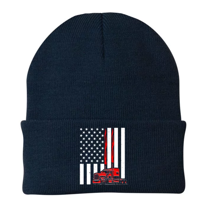 Cool Trucker Semi Truck Flames American Flag Knit Cap Winter Beanie