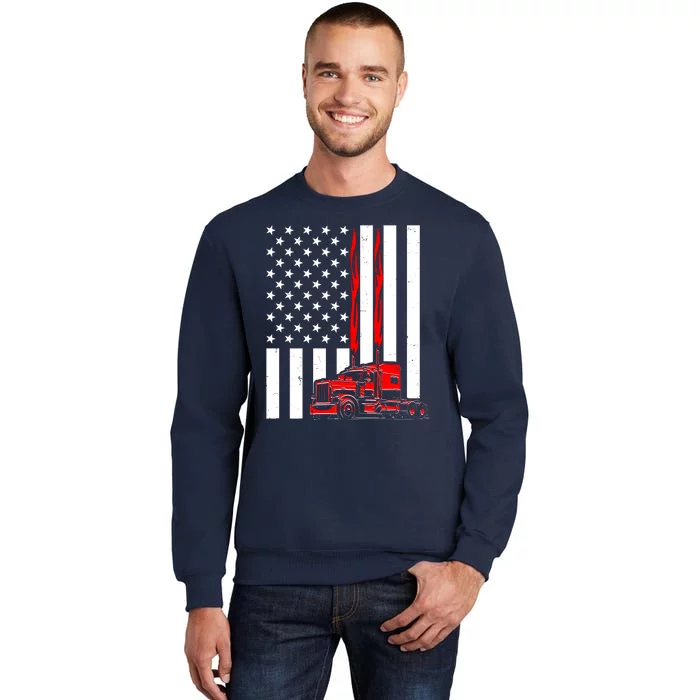 Cool Trucker Semi Truck Flames American Flag Tall Sweatshirt