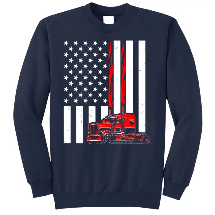 Cool Trucker Semi Truck Flames American Flag Tall Sweatshirt