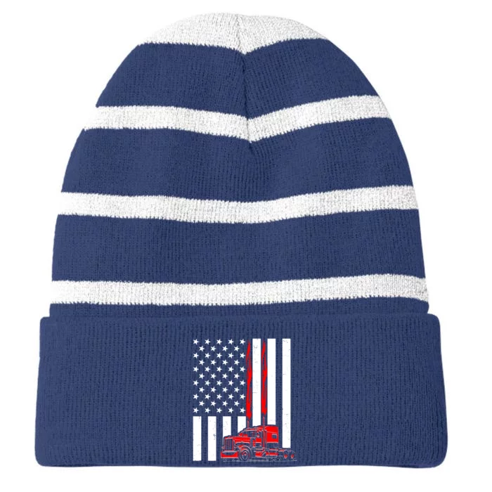 Cool Trucker Semi Truck Flames American Flag Striped Beanie with Solid Band