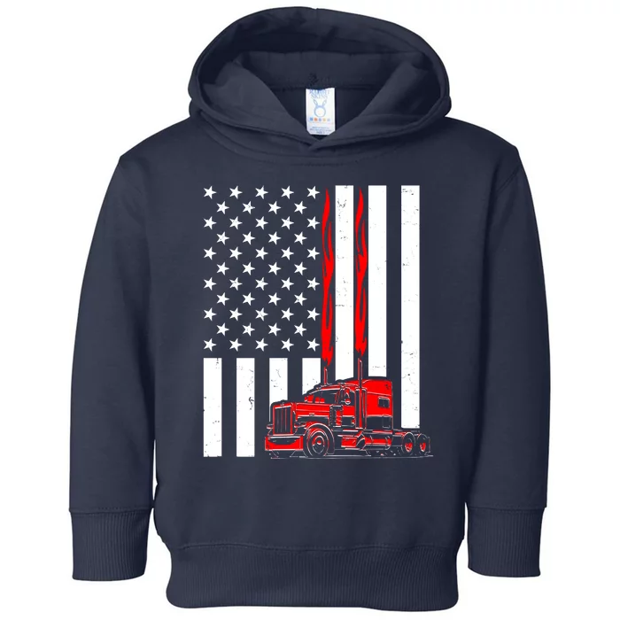 Cool Trucker Semi Truck Flames American Flag Toddler Hoodie