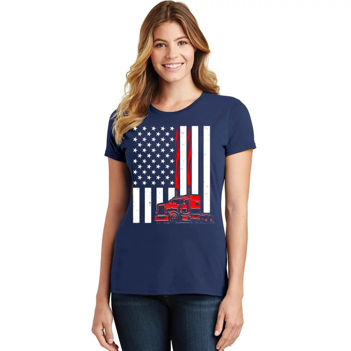 Cool Trucker Semi Truck Flames American Flag Women's T-Shirt