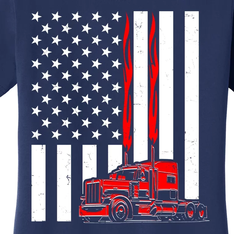 Cool Trucker Semi Truck Flames American Flag Women's T-Shirt