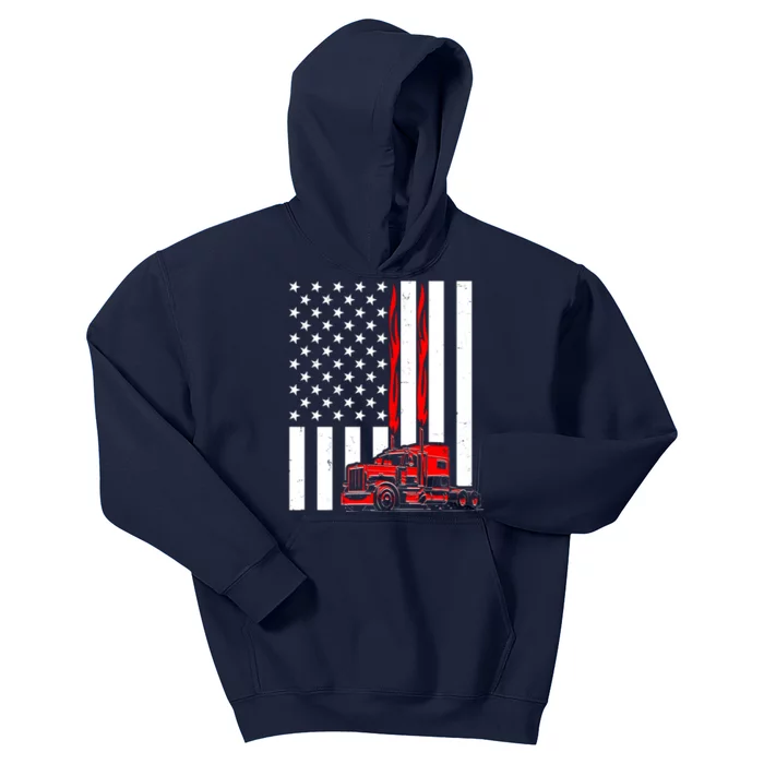 Cool Trucker Semi Truck Flames American Flag Kids Hoodie