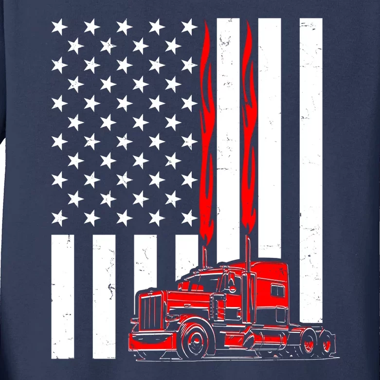 Cool Trucker Semi Truck Flames American Flag Kids Long Sleeve Shirt