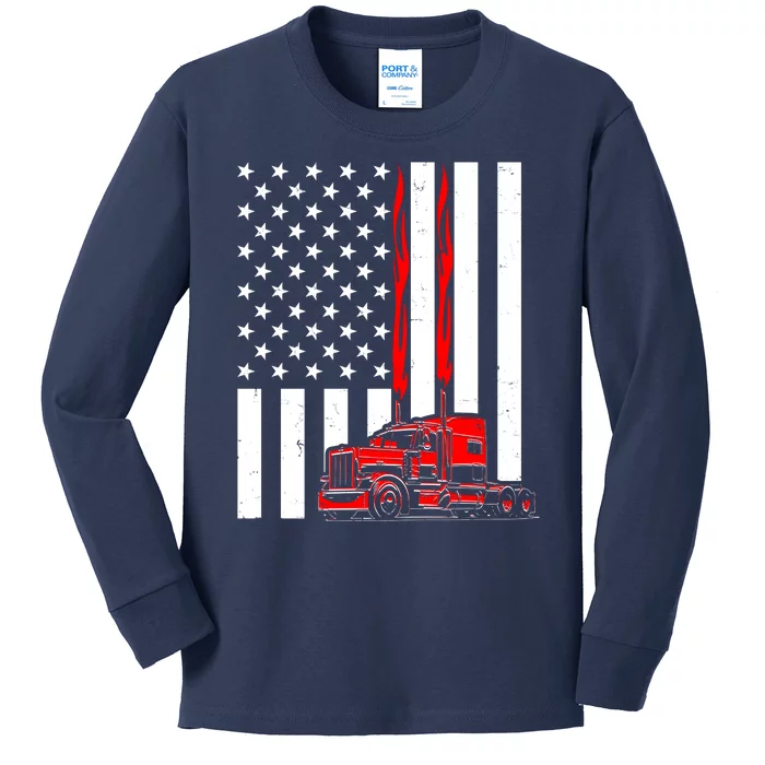 Cool Trucker Semi Truck Flames American Flag Kids Long Sleeve Shirt