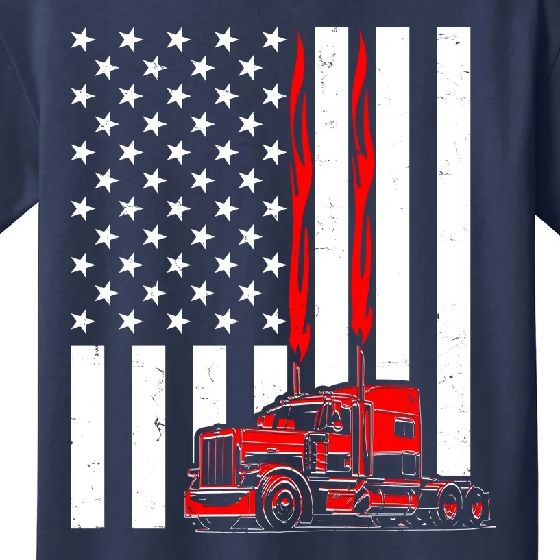 Cool Trucker Semi Truck Flames American Flag Kids T-Shirt