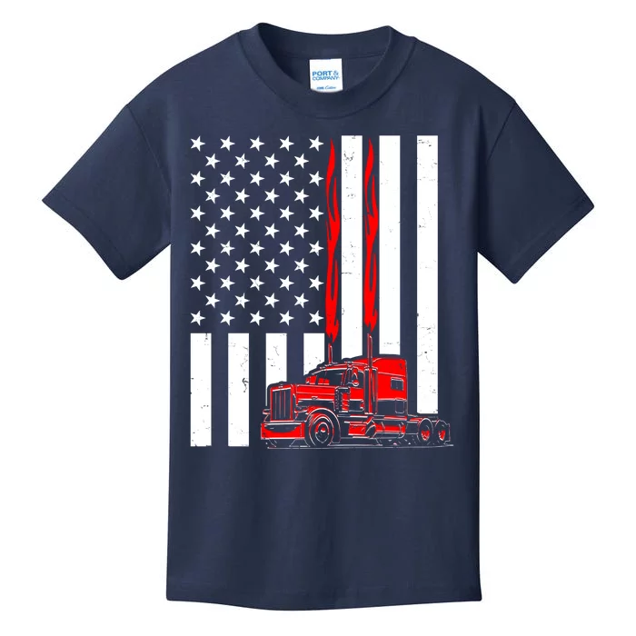 Cool Trucker Semi Truck Flames American Flag Kids T-Shirt