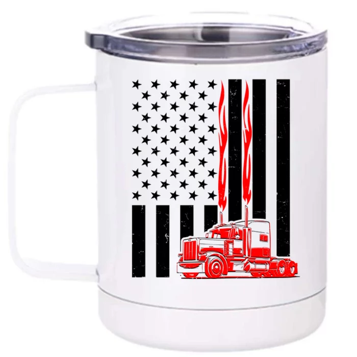 Cool Trucker Semi Truck Flames American Flag Front & Back 12oz Stainless Steel Tumbler Cup