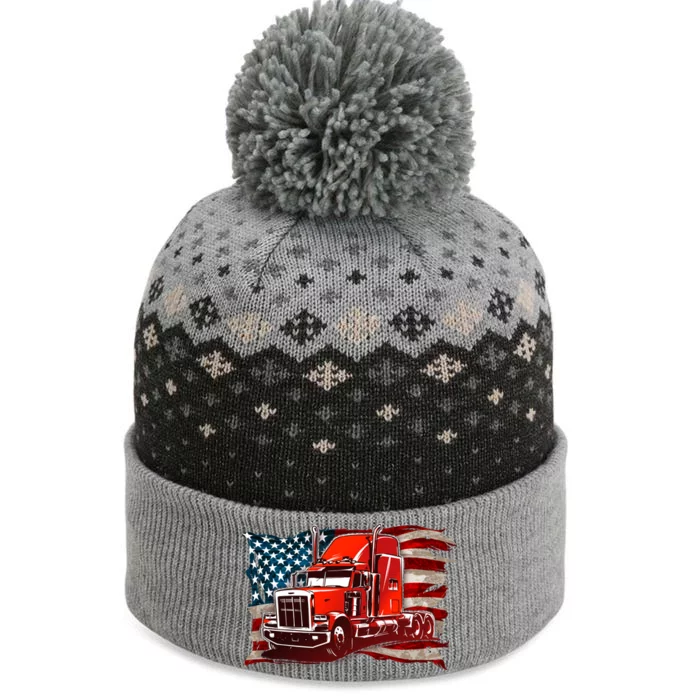 Cool Trucker Semi Truck Torn Distressed American Flag The Baniff Cuffed Pom Beanie