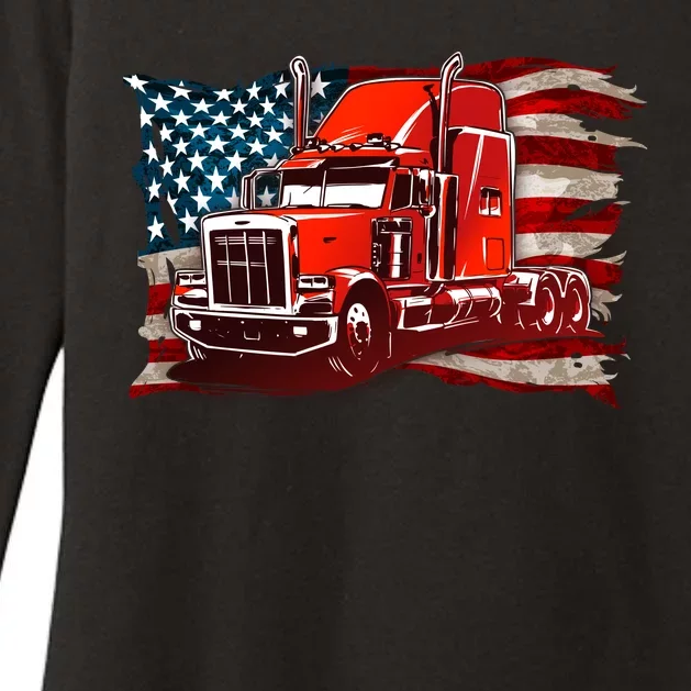 Cool Trucker Semi Truck Torn Distressed American Flag Womens CVC Long Sleeve Shirt