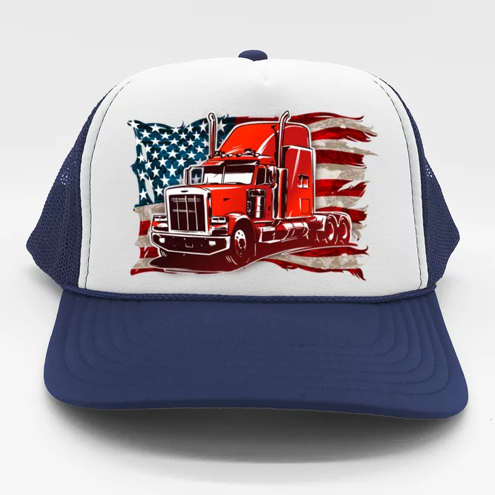 Cool Trucker Semi Truck Torn Distressed American Flag Trucker Hat