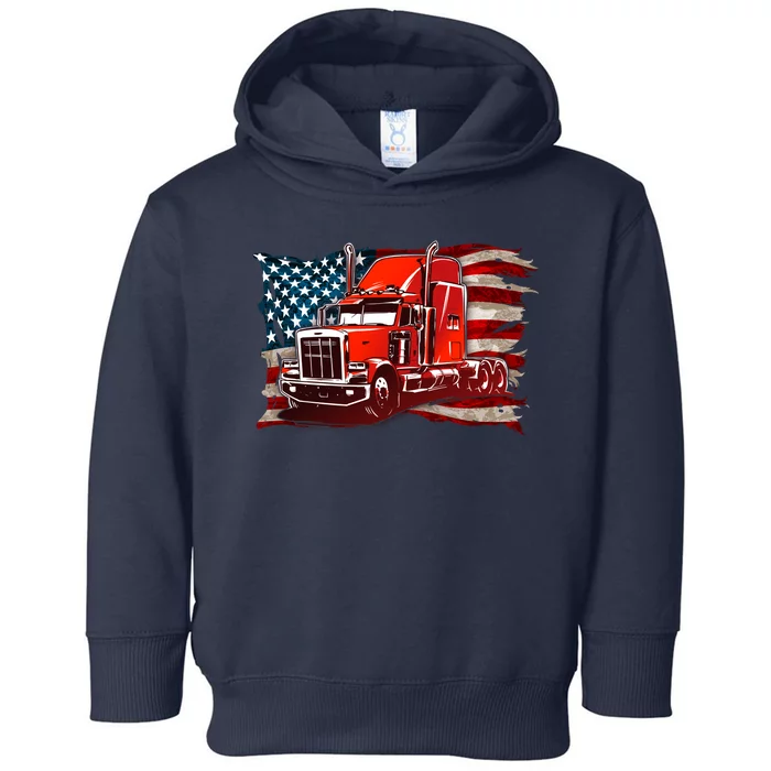 Cool Trucker Semi Truck Torn Distressed American Flag Toddler Hoodie