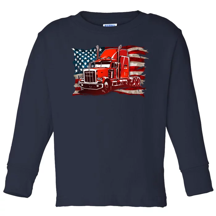 Cool Trucker Semi Truck Torn Distressed American Flag Toddler Long Sleeve Shirt