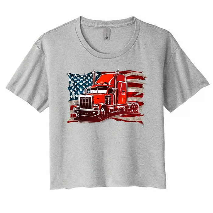 Cool Trucker Semi Truck Torn Distressed American Flag Women's Crop Top Tee