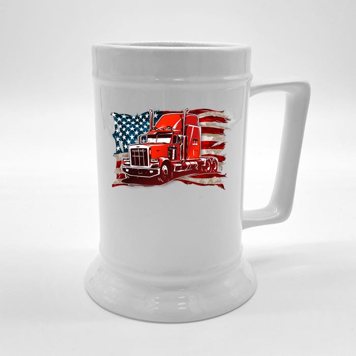 Cool Trucker Semi Truck Torn Distressed American Flag Front & Back Beer Stein