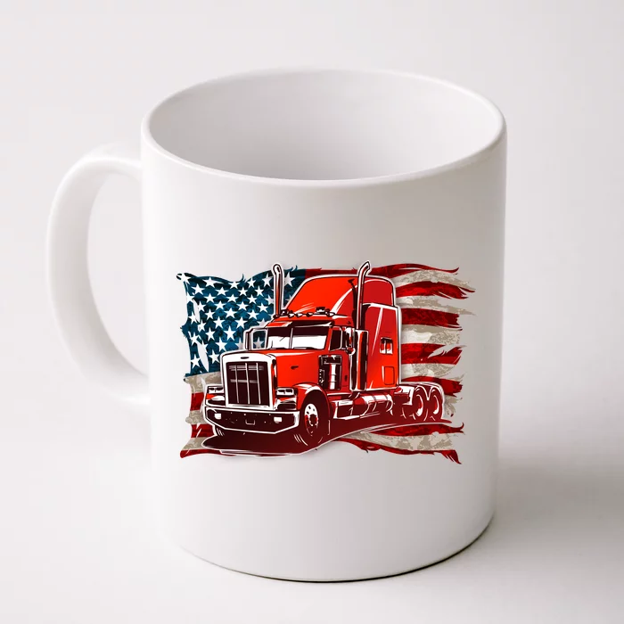 Cool Trucker Semi Truck Torn Distressed American Flag Front & Back Coffee Mug