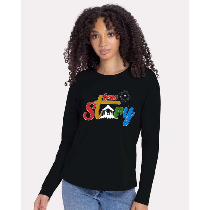 Christmas True Story Christian Nativity Scene Womens Cotton Relaxed Long Sleeve T-Shirt