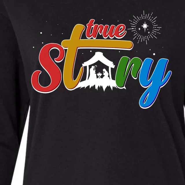 Christmas True Story Christian Nativity Scene Womens Cotton Relaxed Long Sleeve T-Shirt