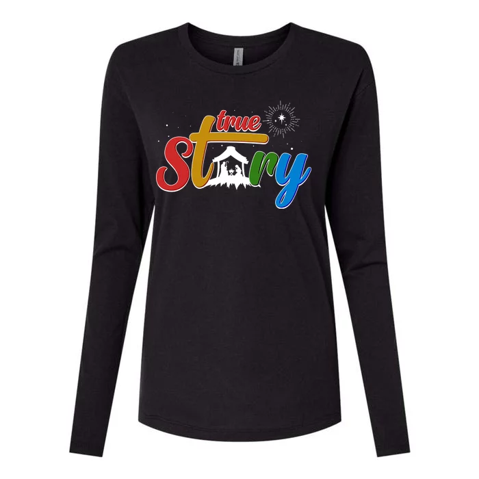 Christmas True Story Christian Nativity Scene Womens Cotton Relaxed Long Sleeve T-Shirt