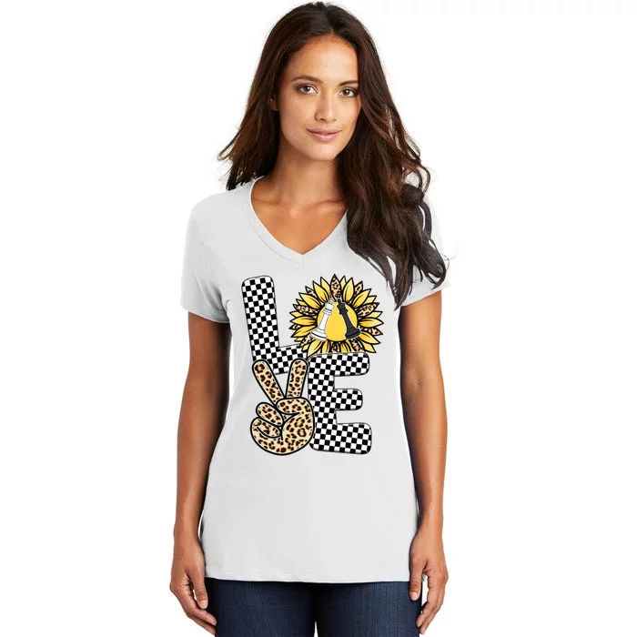 Chess T Shirts Love Chessboard Leopard Sunflower Graphic Plus Size Women's V-Neck T-Shirt