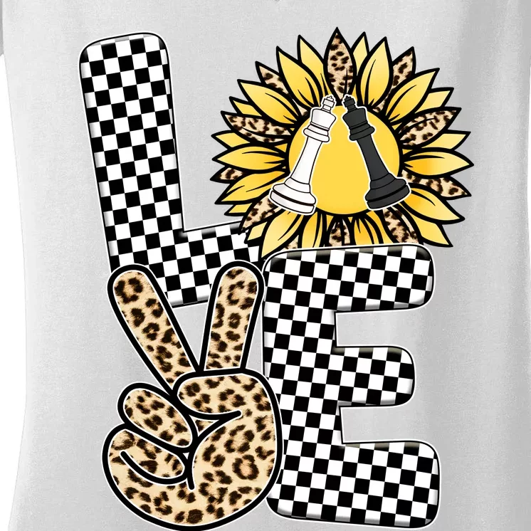 Chess T Shirts Love Chessboard Leopard Sunflower Graphic Plus Size Women's V-Neck T-Shirt