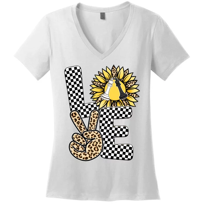 Chess T Shirts Love Chessboard Leopard Sunflower Graphic Plus Size Women's V-Neck T-Shirt