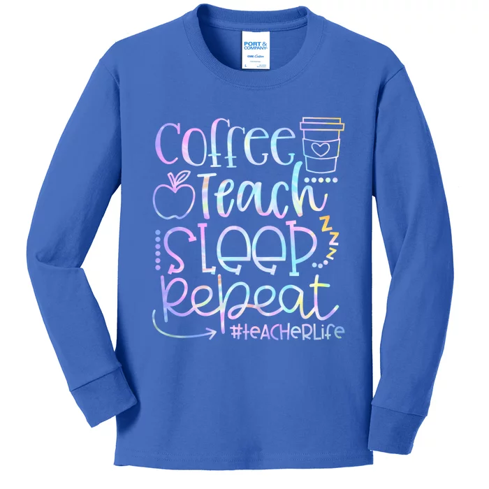 Coffee Teach Sleep Repeat Funny Teacher Tie Dye Gift Kids Long Sleeve Shirt