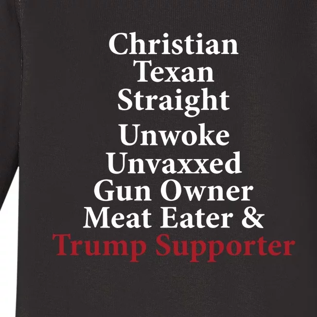 Christian Texan Straight Unwoke Gun Owner Trump Baby Long Sleeve Bodysuit