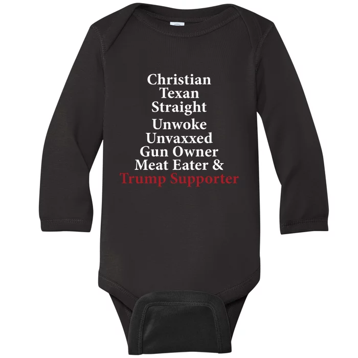 Christian Texan Straight Unwoke Gun Owner Trump Baby Long Sleeve Bodysuit