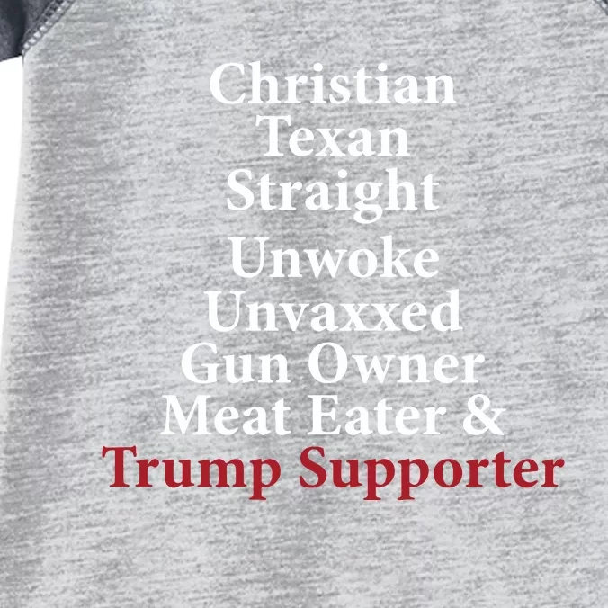 Christian Texan Straight Unwoke Gun Owner Trump Infant Baby Jersey Bodysuit