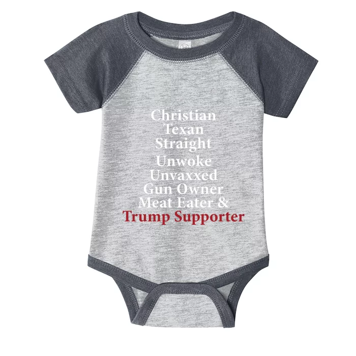 Christian Texan Straight Unwoke Gun Owner Trump Infant Baby Jersey Bodysuit