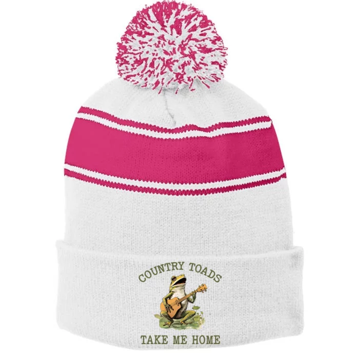 Country Toads Take Me Home Vintage Graphic Stripe Pom Pom Beanie