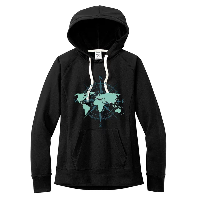 Cartography Traveler Travelling Compass World Map Women's Fleece Hoodie