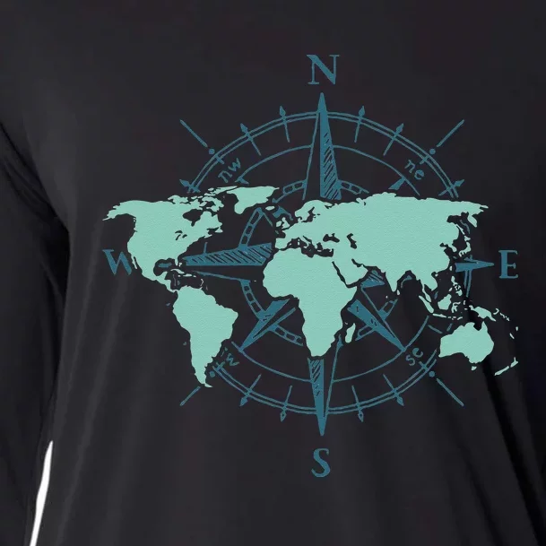 Cartography Traveler Travelling Compass World Map Cooling Performance Long Sleeve Crew