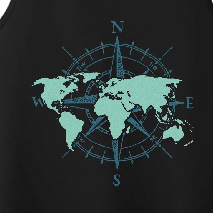 Cartography Traveler Travelling Compass World Map Performance Tank