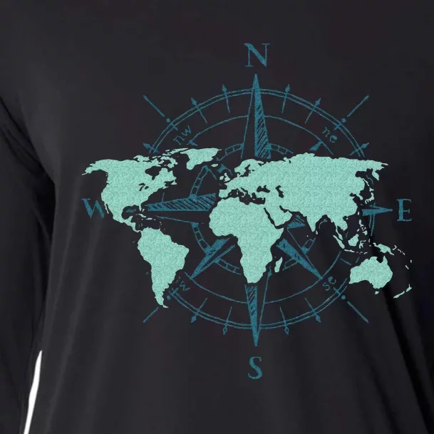 Cartography Traveler Travelling Compass World Map Cooling Performance Long Sleeve Crew