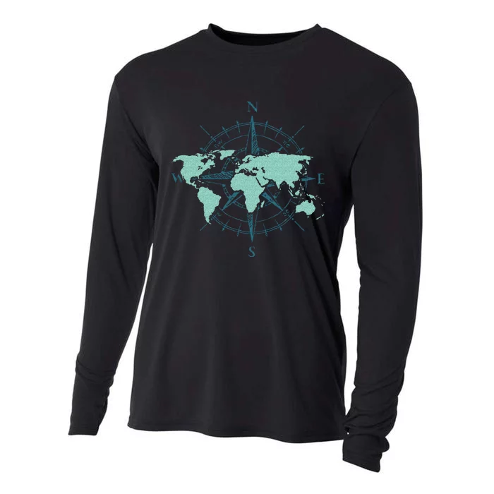 Cartography Traveler Travelling Compass World Map Cooling Performance Long Sleeve Crew