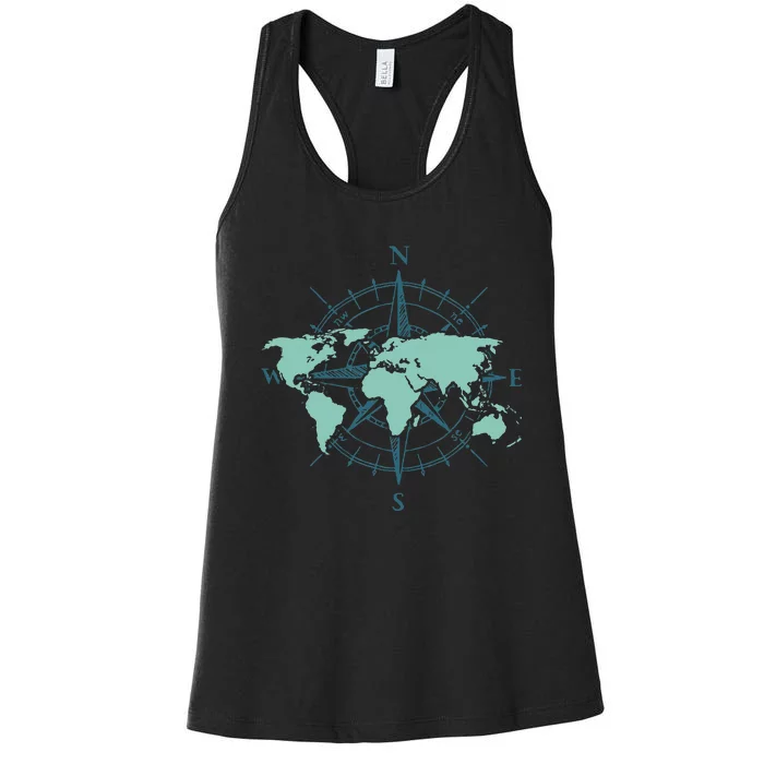 Cartography Traveler Travelling Compass World Map Women's Racerback Tank