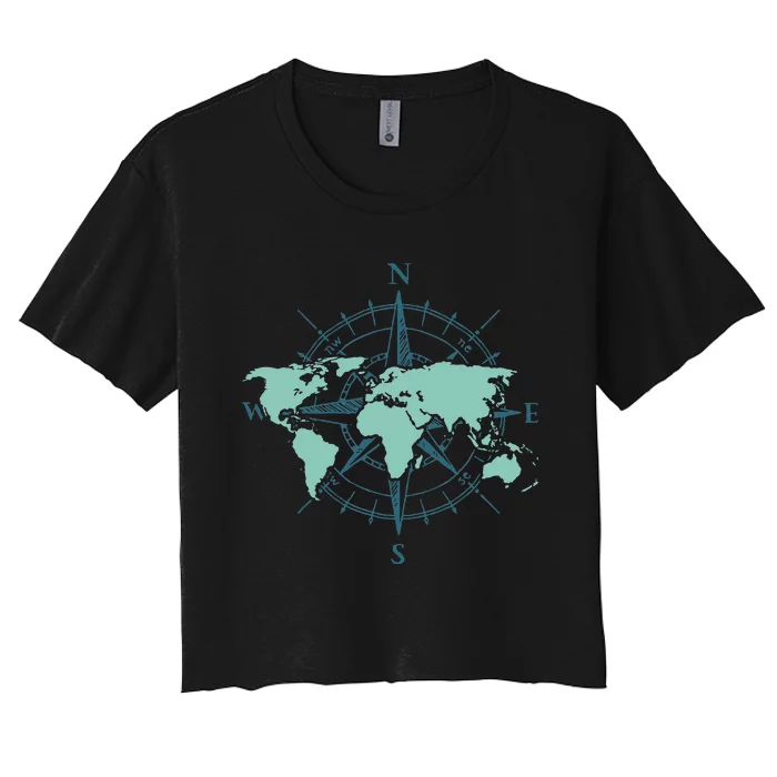 Cartography Traveler Travelling Compass World Map Women's Crop Top Tee