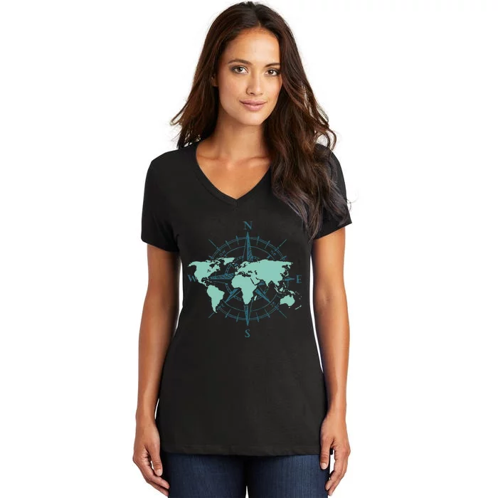 Cartography Traveler Travelling Compass World Map Women's V-Neck T-Shirt