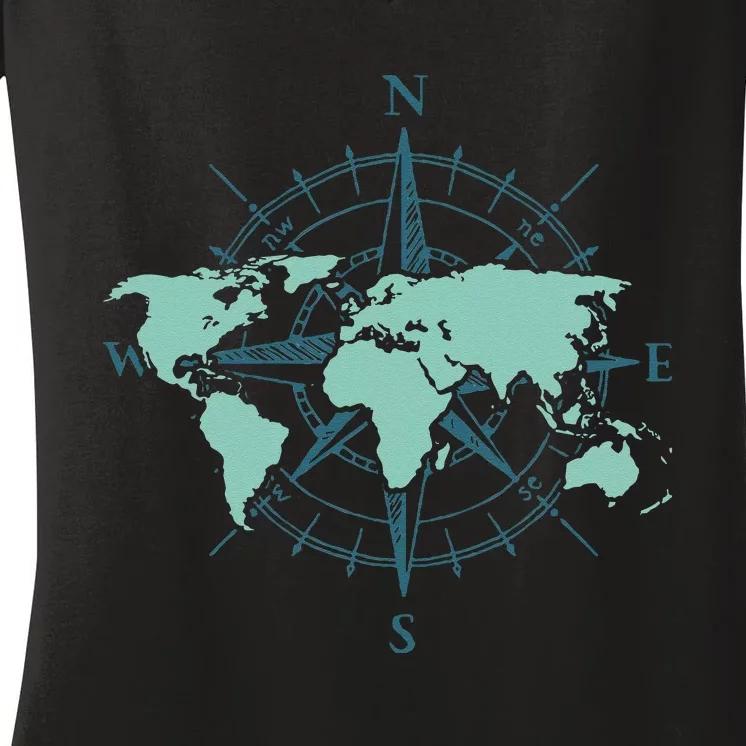 Cartography Traveler Travelling Compass World Map Women's V-Neck T-Shirt