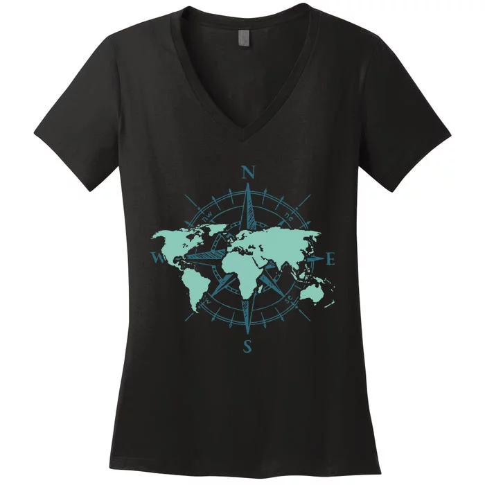 Cartography Traveler Travelling Compass World Map Women's V-Neck T-Shirt