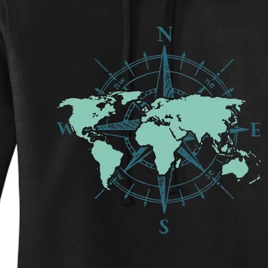 Cartography Traveler Travelling Compass World Map Women's Pullover Hoodie